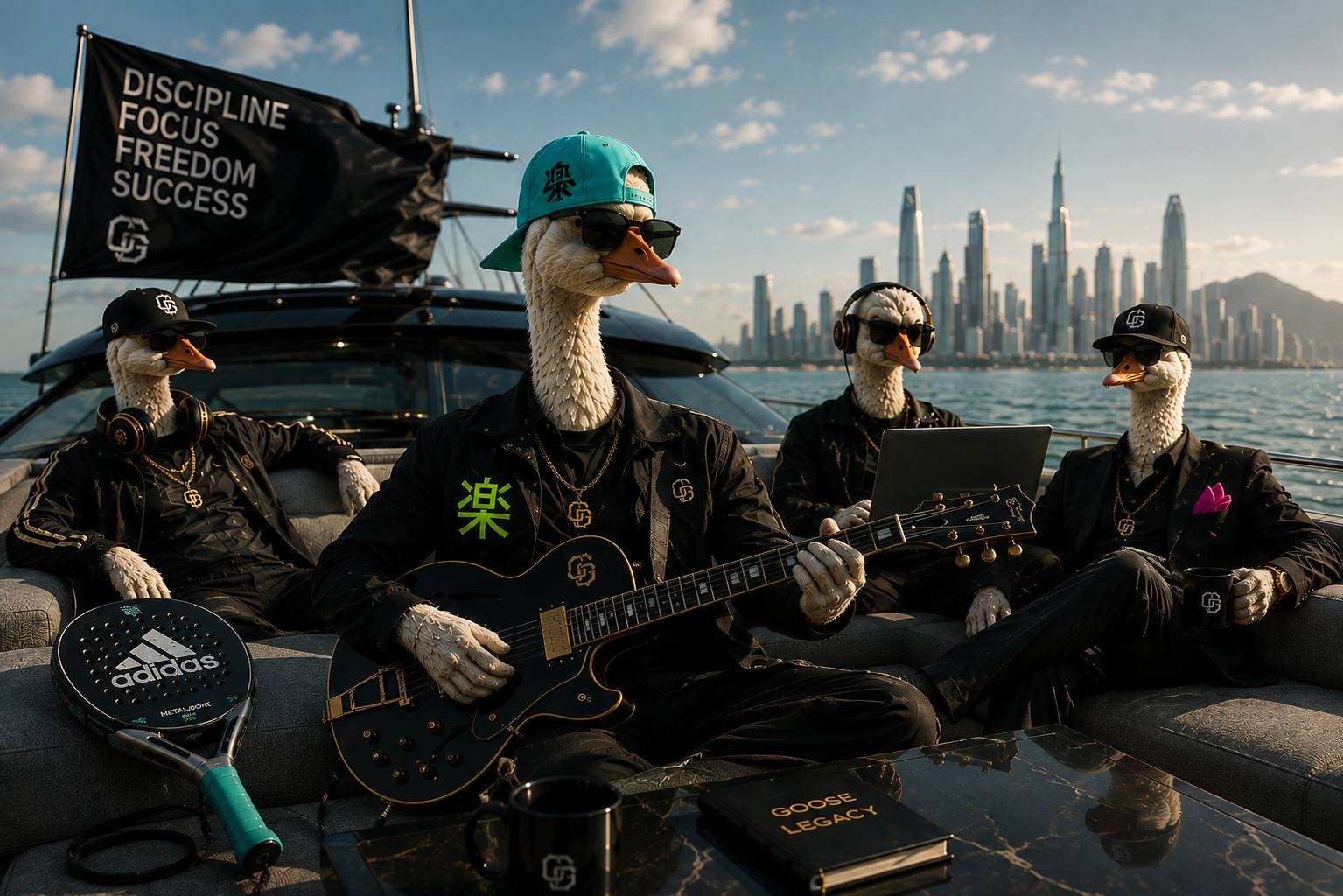 The crew on deck &mdash; black jackets, the 楽 mark, a skyline behind
