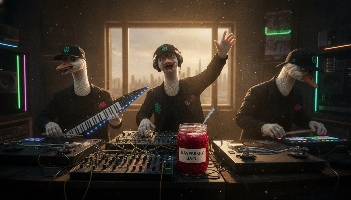 The Searcherbox goose band jamming on synths, turntables and a keytar, a jar of raspberry jam on the mixer