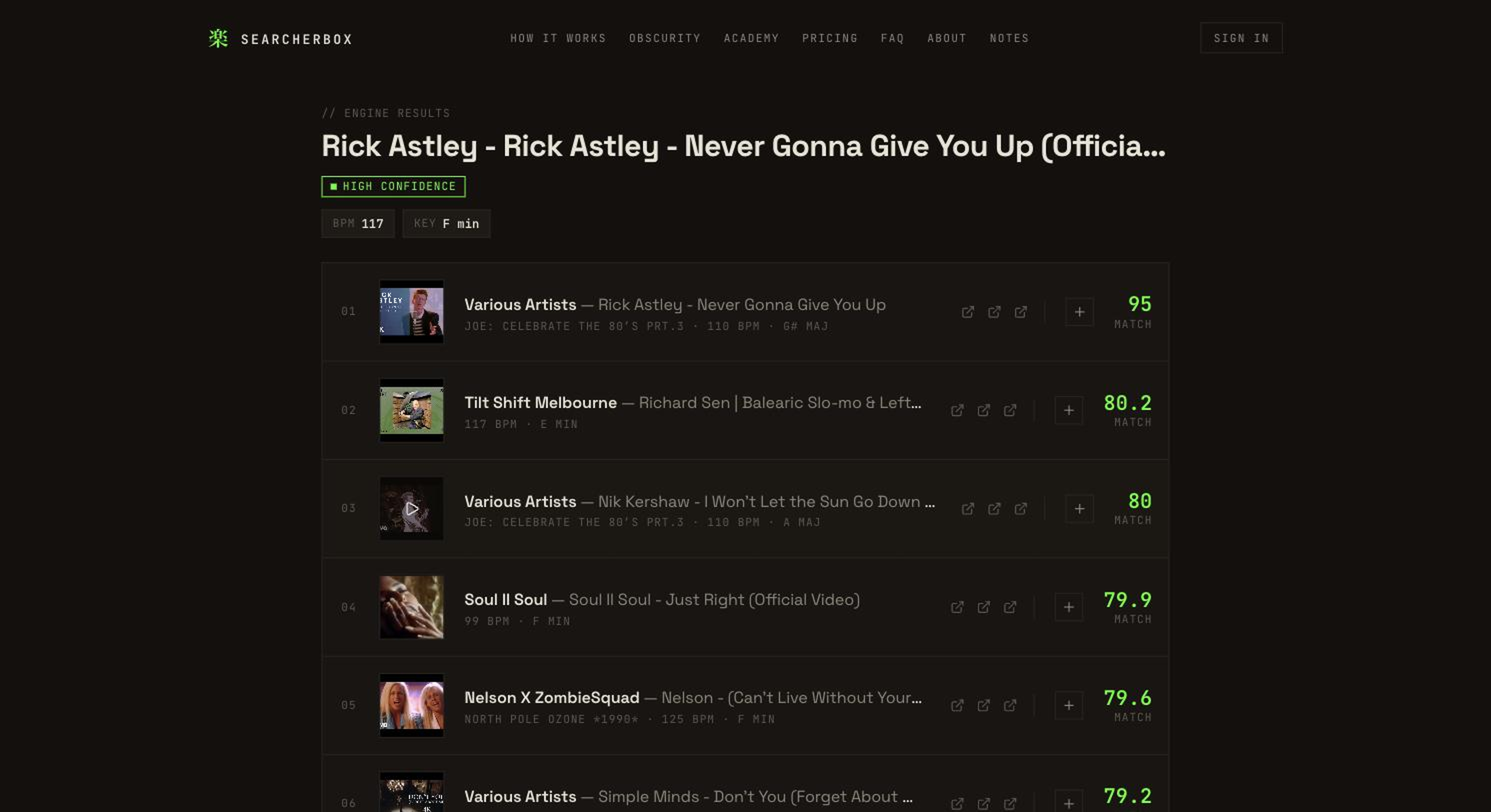 Live engine results, retina screenshot